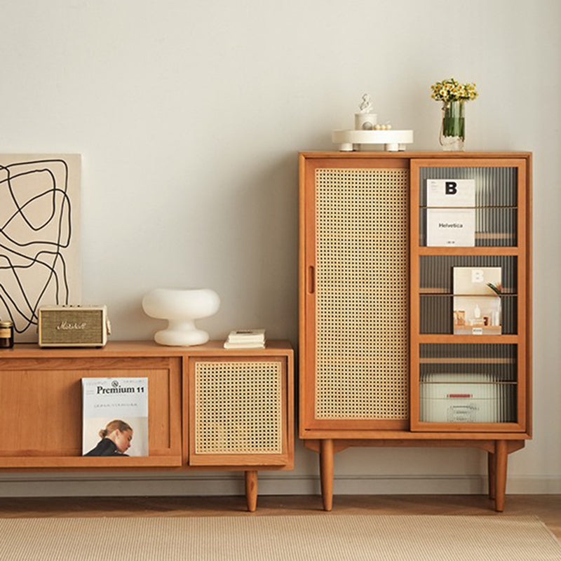 Elegant Traditional Japanese Rectangular Pine Solid Wood Sideboard with Rattan Weaving, Multi-Layer Board, 3/4-Cabinet – Perfect for Living Room & Dining Room