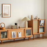 Elegant Traditional Japanese Rectangular Pine Solid Wood Sideboard with Rattan Weaving, Multi-Layer Board, 3/4-Cabinet – Perfect for Living Room & Dining Room