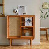 Elegant Traditional Japanese Rectangular Pine Solid Wood Sideboard with Rattan Weaving, Multi-Layer Board, 3/4-Cabinet – Perfect for Living Room & Dining Room