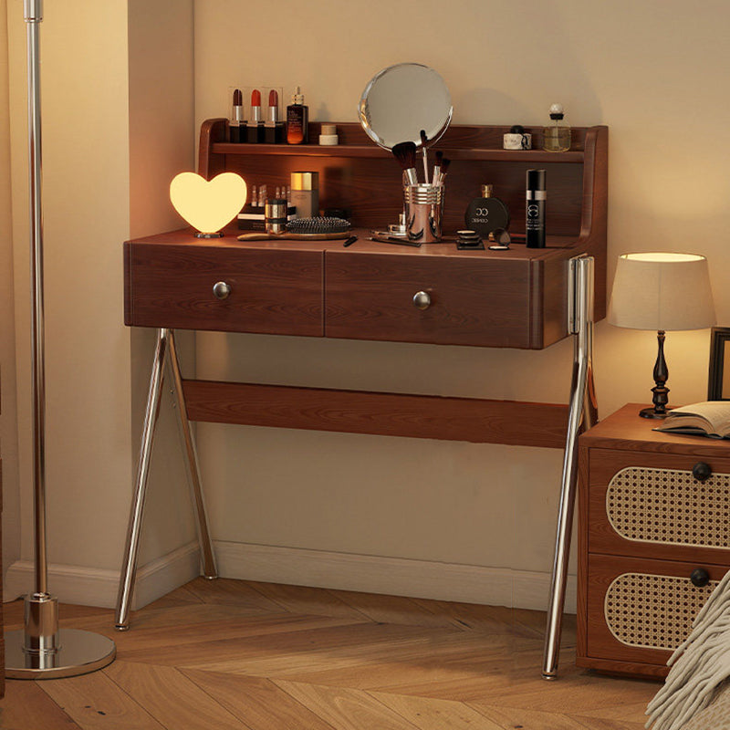 Contemporary Retro Rectangular Makeup Vanity in Rubberwood with Stainless Steel Hardware, 2-Drawer Bedroom Vanity