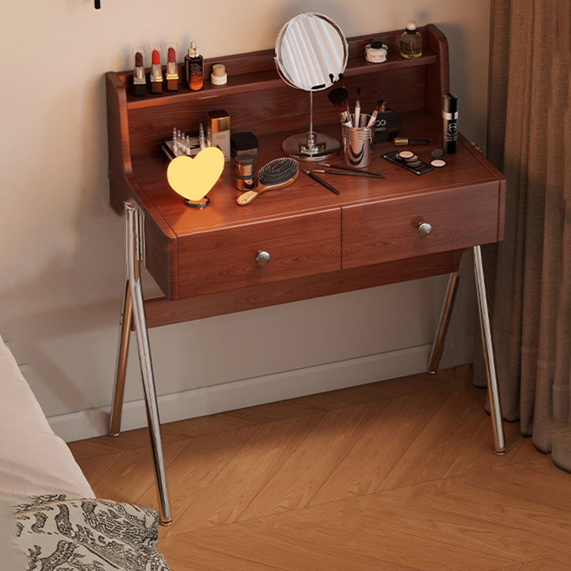 Contemporary Retro Rectangular Makeup Vanity in Rubberwood with Stainless Steel Hardware, 2-Drawer Bedroom Vanity