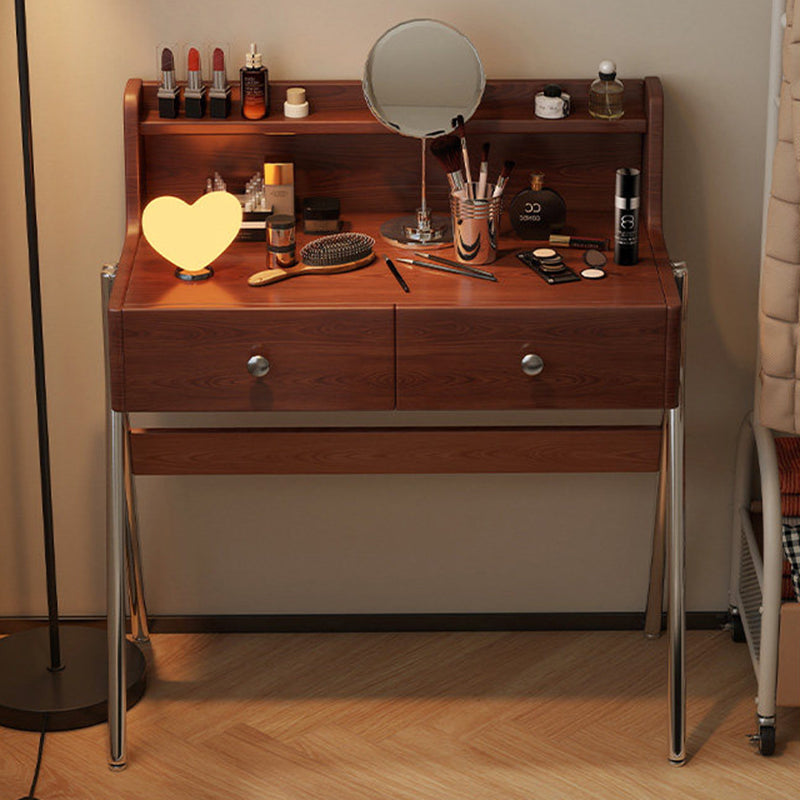 Contemporary Retro Rectangular Makeup Vanity in Rubberwood with Stainless Steel Hardware, 2-Drawer Bedroom Vanity