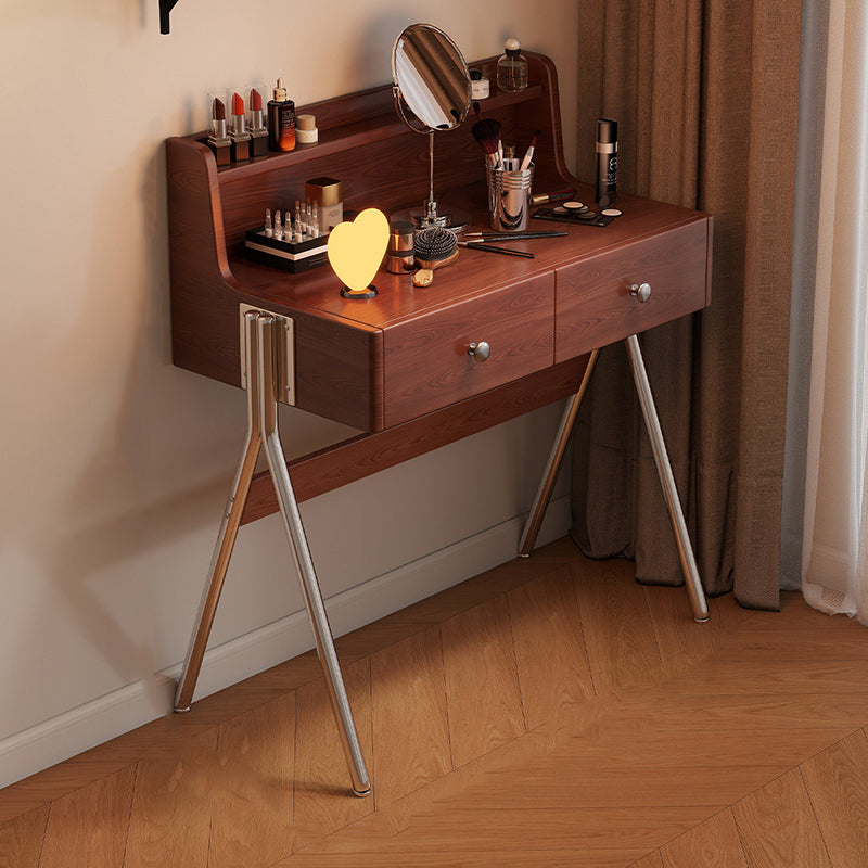 Contemporary Retro Rectangular Makeup Vanity in Rubberwood with Stainless Steel Hardware, 2-Drawer Bedroom Vanity