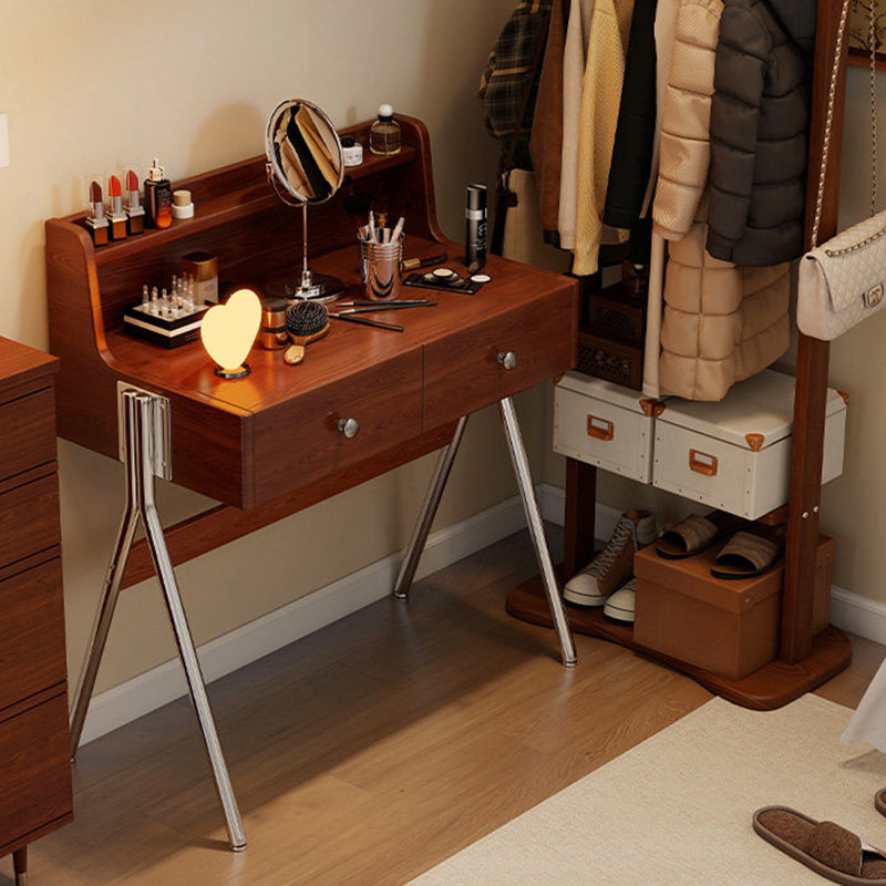 Contemporary Retro Rectangular Makeup Vanity in Rubberwood with Stainless Steel Hardware, 2-Drawer Bedroom Vanity
