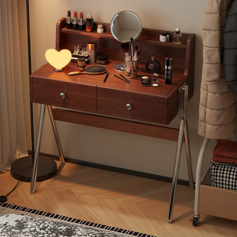 Contemporary Retro Rectangular Makeup Vanity in Rubberwood with Stainless Steel Hardware, 2-Drawer Bedroom Vanity
