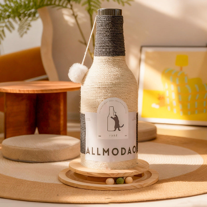 Stylish Modern Art Deco Wooden Cat Tower with Sisal Rope and Rotating Base – Wine Bottle Design for Living Room
