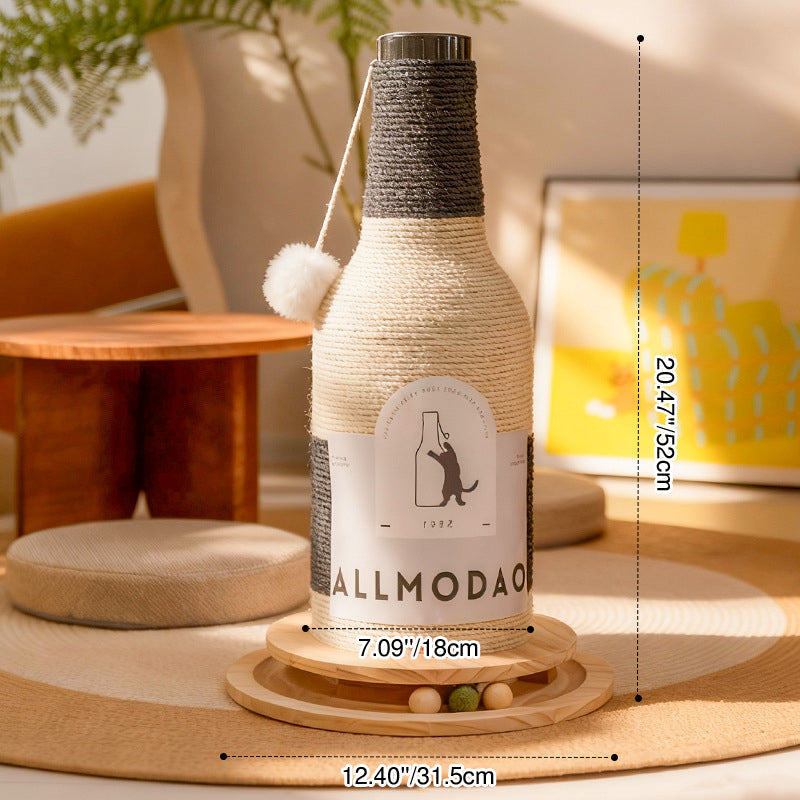 Stylish Modern Art Deco Wooden Cat Tower with Sisal Rope and Rotating Base – Wine Bottle Design for Living Room