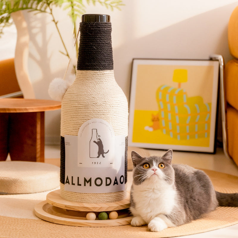 Stylish Modern Art Deco Wooden Cat Tower with Sisal Rope and Rotating Base – Wine Bottle Design for Living Room