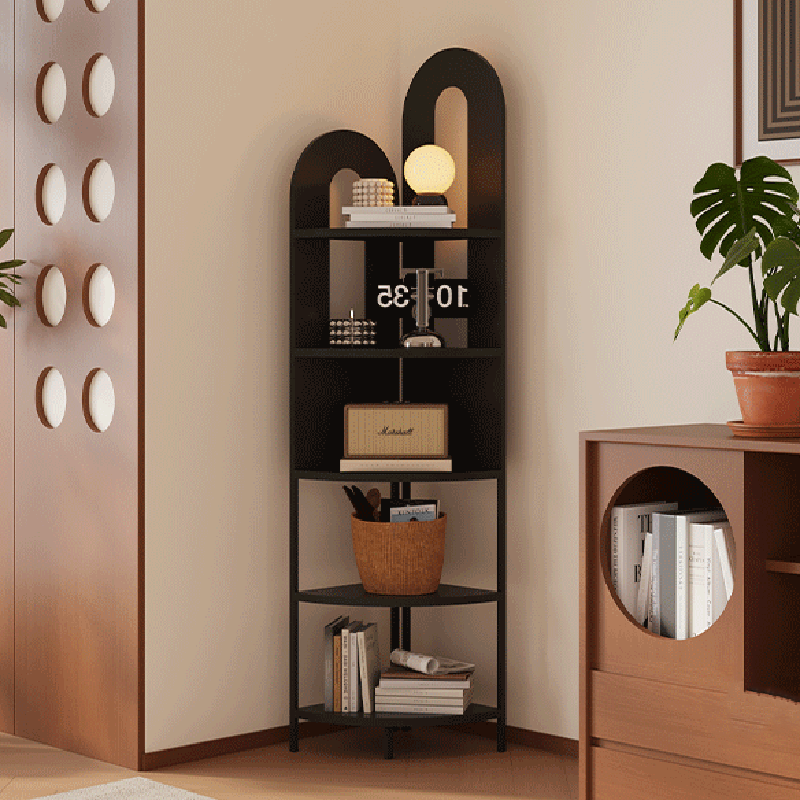 Traditional French Arched Iron Corner Shelf, Fan-Shaped, Floor-Standing 5-Tier Storage for Living Room
