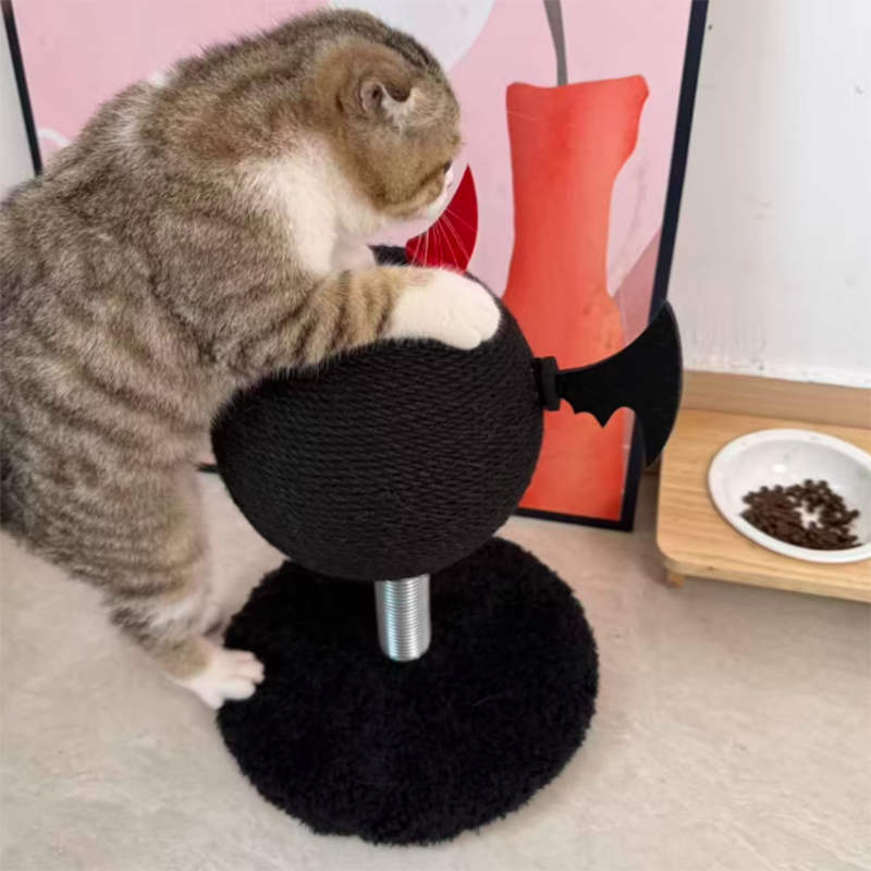 Modern Cartoon Devil Bat Cat Scratcher with Hemp Rope, Spring‑Mounted Scratching Post for Living Room