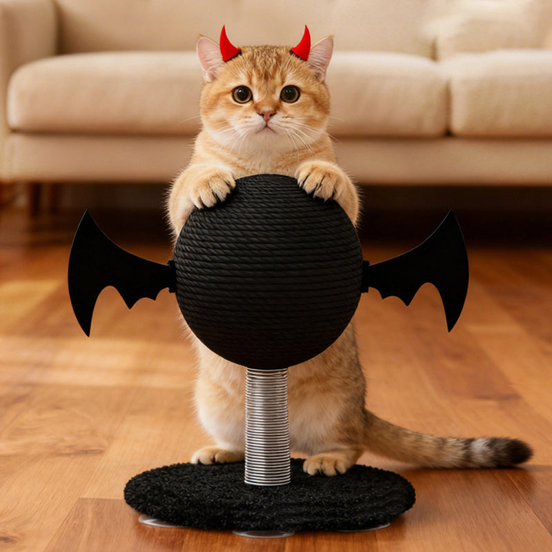 Modern Cartoon Devil Bat Cat Scratcher with Hemp Rope, Spring‑Mounted Scratching Post for Living Room