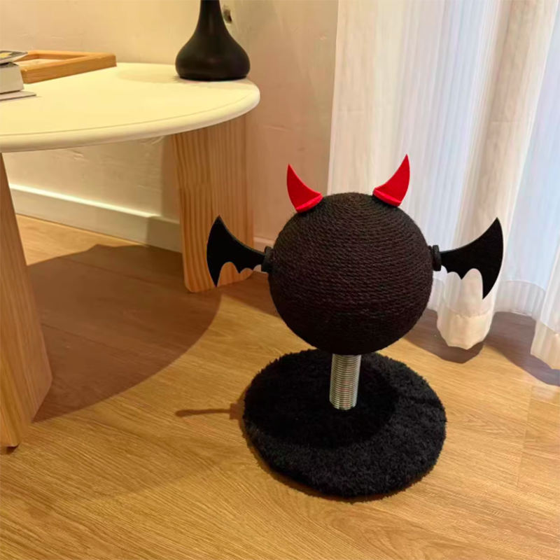 Modern Cartoon Devil Bat Cat Scratcher with Hemp Rope, Spring‑Mounted Scratching Post for Living Room