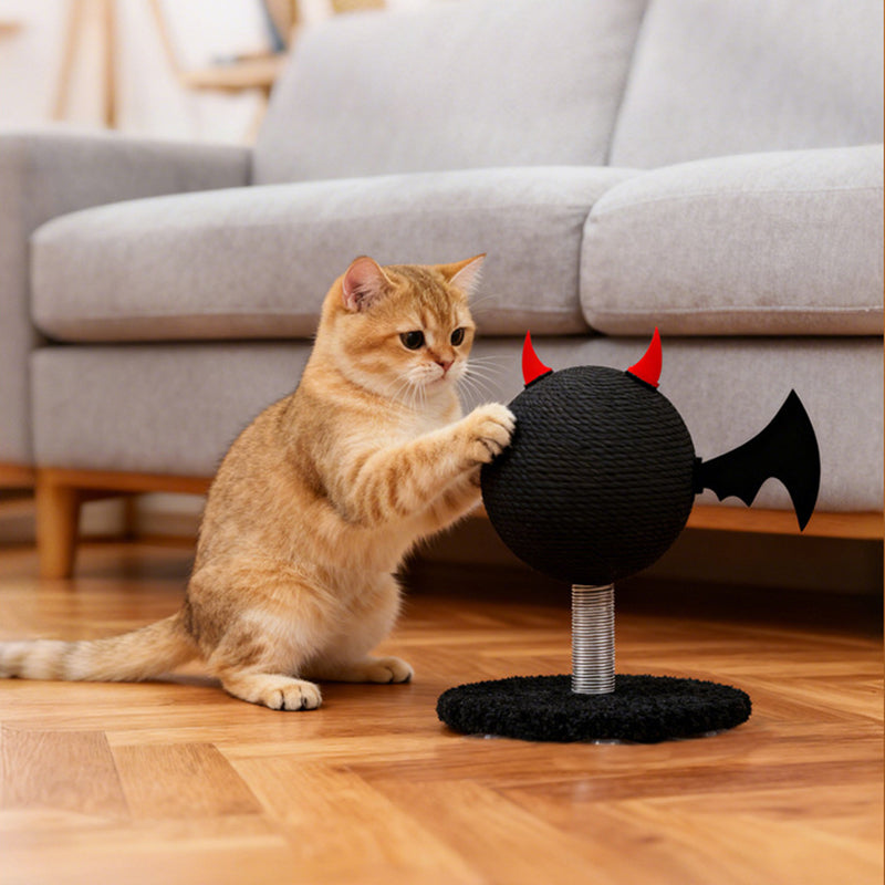 Modern Cartoon Devil Bat Cat Scratcher with Hemp Rope, Spring‑Mounted Scratching Post for Living Room