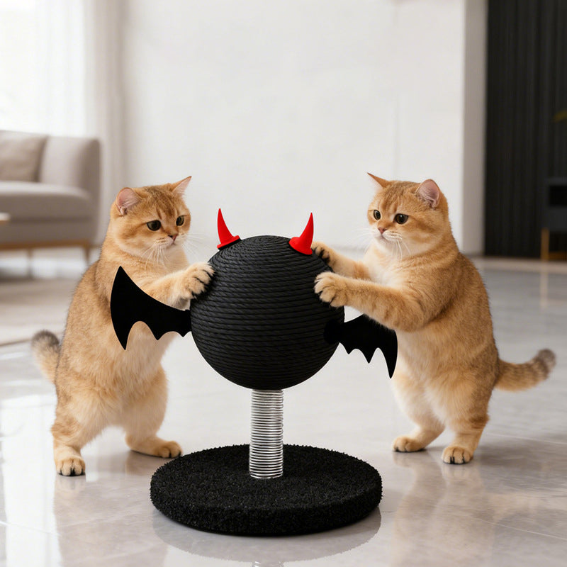 Modern Cartoon Devil Bat Cat Scratcher with Hemp Rope, Spring‑Mounted Scratching Post for Living Room