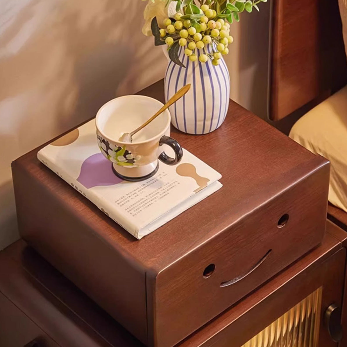 Contemporary Solid Wood & Glass Nightstand with a Rounded, Robot-Inspired Design and Two Storage Compartments for Bedroom or Living Room