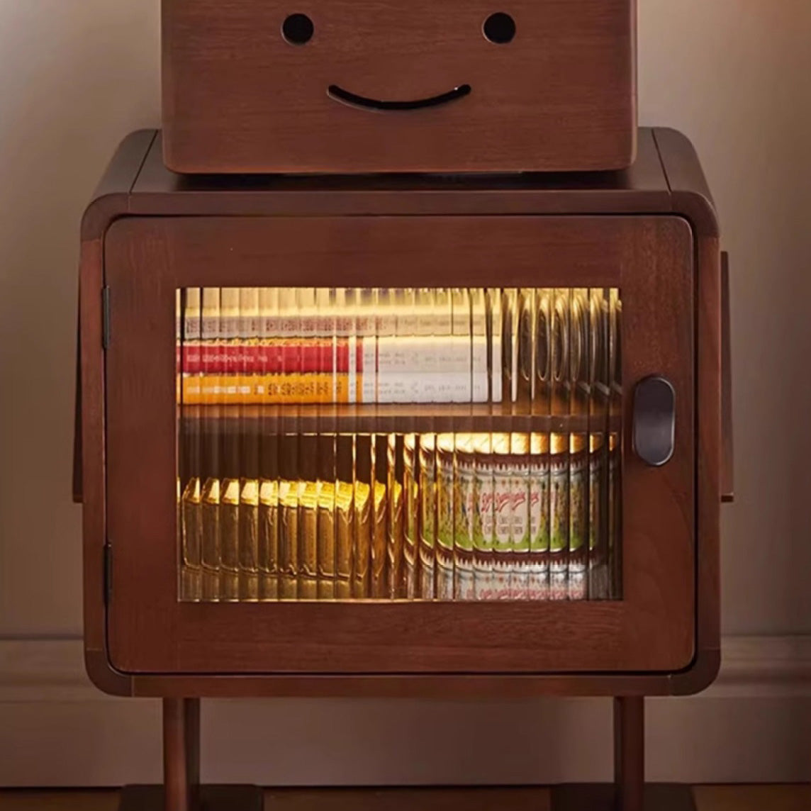 Contemporary Solid Wood & Glass Nightstand with a Rounded, Robot-Inspired Design and Two Storage Compartments for Bedroom or Living Room