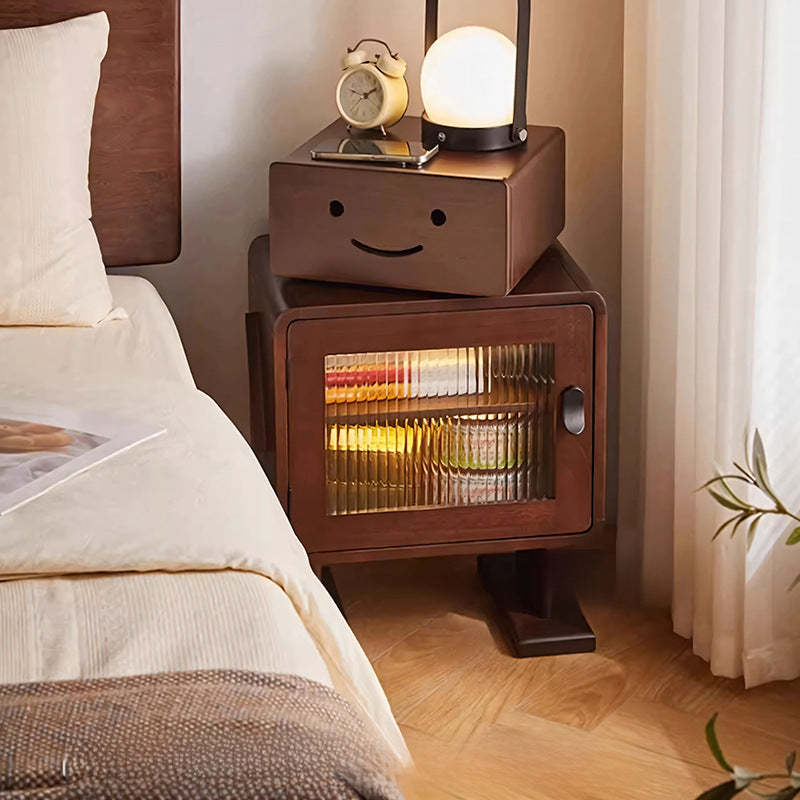 Contemporary Solid Wood & Glass Nightstand with a Rounded, Robot-Inspired Design and Two Storage Compartments for Bedroom or Living Room