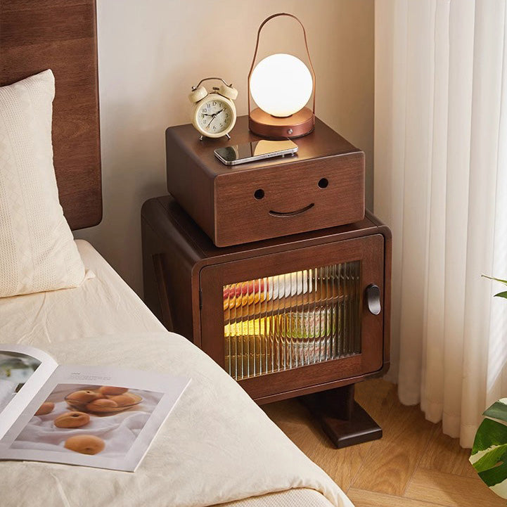 Contemporary Solid Wood & Glass Nightstand with a Rounded, Robot-Inspired Design and Two Storage Compartments for Bedroom or Living Room