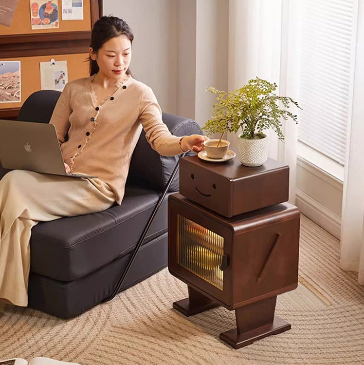 Contemporary Solid Wood & Glass Nightstand with a Rounded, Robot-Inspired Design and Two Storage Compartments for Bedroom or Living Room