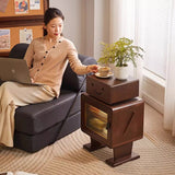 Contemporary Solid Wood & Glass Nightstand with a Rounded, Robot-Inspired Design and Two Storage Compartments for Bedroom or Living Room
