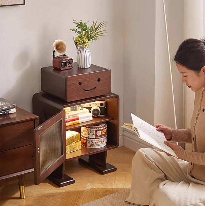 Contemporary Solid Wood & Glass Nightstand with a Rounded, Robot-Inspired Design and Two Storage Compartments for Bedroom or Living Room