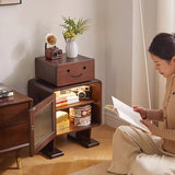 Contemporary Solid Wood & Glass Nightstand with a Rounded, Robot-Inspired Design and Two Storage Compartments for Bedroom or Living Room