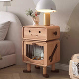 Modern Solid Wood Nightstand with Glass Cylinder Robot Design, 1-Drawer Bedroom Table