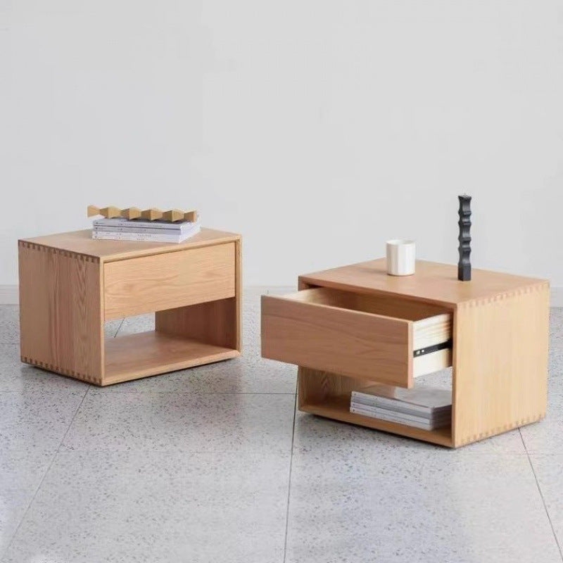 Traditional Japanese Solid Wood Nightstand – Rounded Square Design with 1 Drawer for the Bedroom