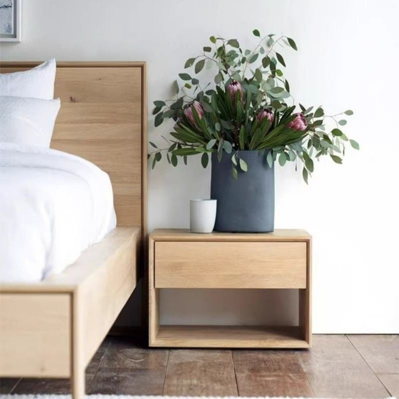 Traditional Japanese Solid Wood Nightstand – Rounded Square Design with 1 Drawer for the Bedroom