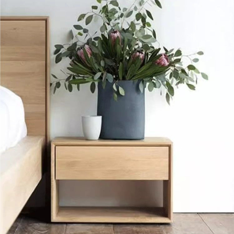 Traditional Japanese Solid Wood Nightstand – Rounded Square Design with 1 Drawer for the Bedroom