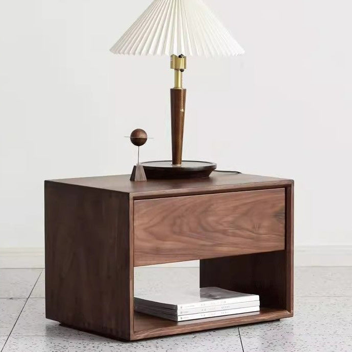 Traditional Japanese Solid Wood Nightstand – Rounded Square Design with 1 Drawer for the Bedroom