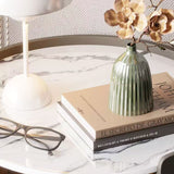Contemporary Scandinavian Round Nightstand – Cylindrical Solid Wood Frame, Faux Leather Finish, 2-Drawer for Bedroom