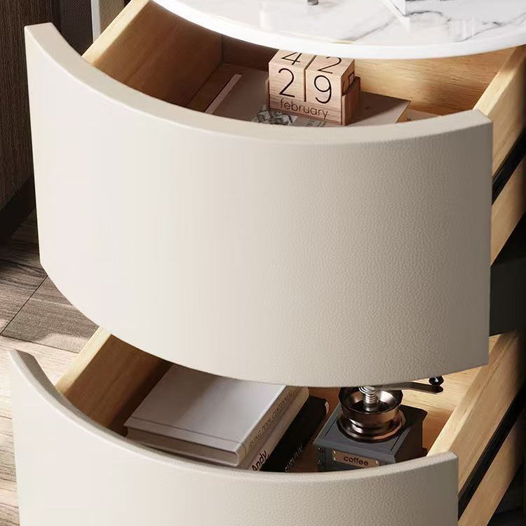 Contemporary Scandinavian Round Nightstand – Cylindrical Solid Wood Frame, Faux Leather Finish, 2-Drawer for Bedroom