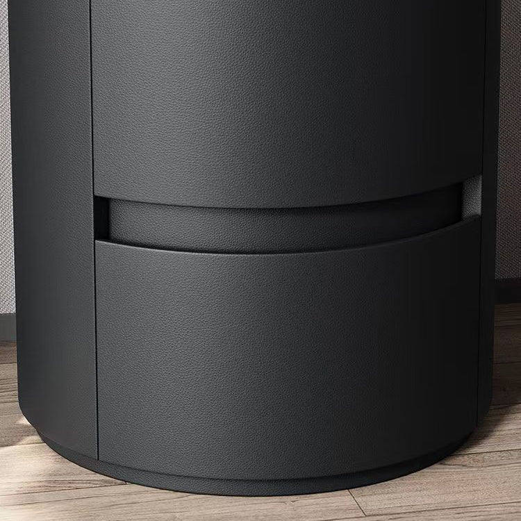 Contemporary Scandinavian Round Nightstand – Cylindrical Solid Wood Frame, Faux Leather Finish, 2-Drawer for Bedroom