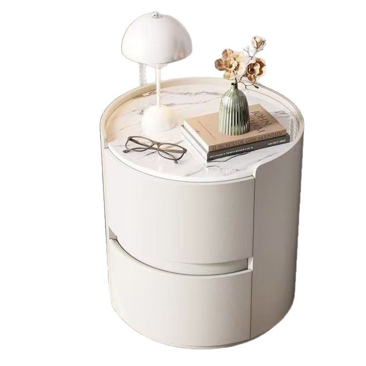 Contemporary Scandinavian Round Nightstand – Cylindrical Solid Wood Frame, Faux Leather Finish, 2-Drawer for Bedroom