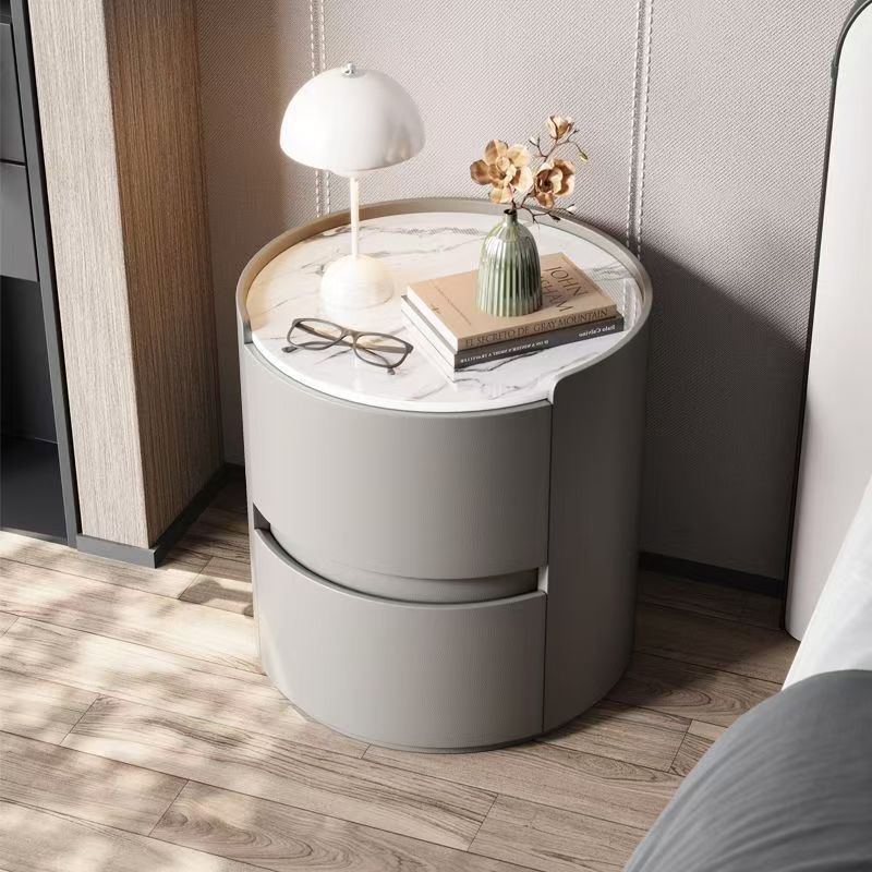 Contemporary Scandinavian Round Nightstand – Cylindrical Solid Wood Frame, Faux Leather Finish, 2-Drawer for Bedroom