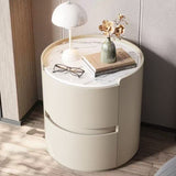 Contemporary Scandinavian Round Nightstand – Cylindrical Solid Wood Frame, Faux Leather Finish, 2-Drawer for Bedroom