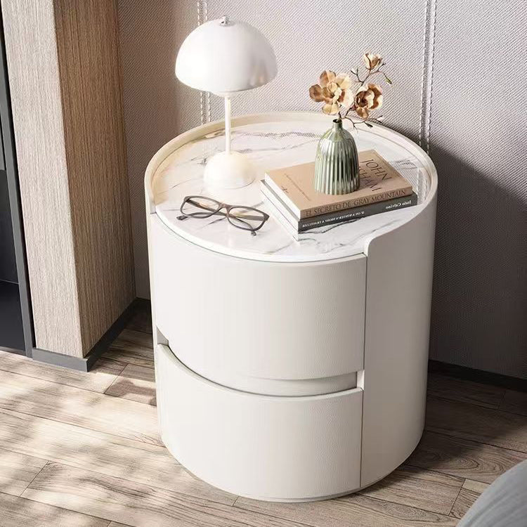 Contemporary Scandinavian Round Nightstand – Cylindrical Solid Wood Frame, Faux Leather Finish, 2-Drawer for Bedroom