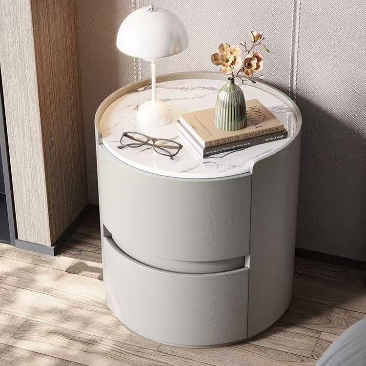 Contemporary Scandinavian Round Nightstand – Cylindrical Solid Wood Frame, Faux Leather Finish, 2-Drawer for Bedroom