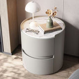 Contemporary Scandinavian Round Nightstand – Cylindrical Solid Wood Frame, Faux Leather Finish, 2-Drawer for Bedroom