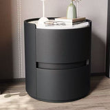 Contemporary Scandinavian Round Nightstand – Cylindrical Solid Wood Frame, Faux Leather Finish, 2-Drawer for Bedroom