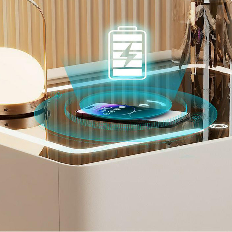 Modern Luxury Rock-Panel Nightstand with Tempered Glass, Microfiber Leather, Solid Wood, Rounded Edges, 2-Drawer for Bedroom