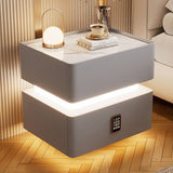 Modern Luxury Rock-Panel Nightstand with Tempered Glass, Microfiber Leather, Solid Wood, Rounded Edges, 2-Drawer for Bedroom