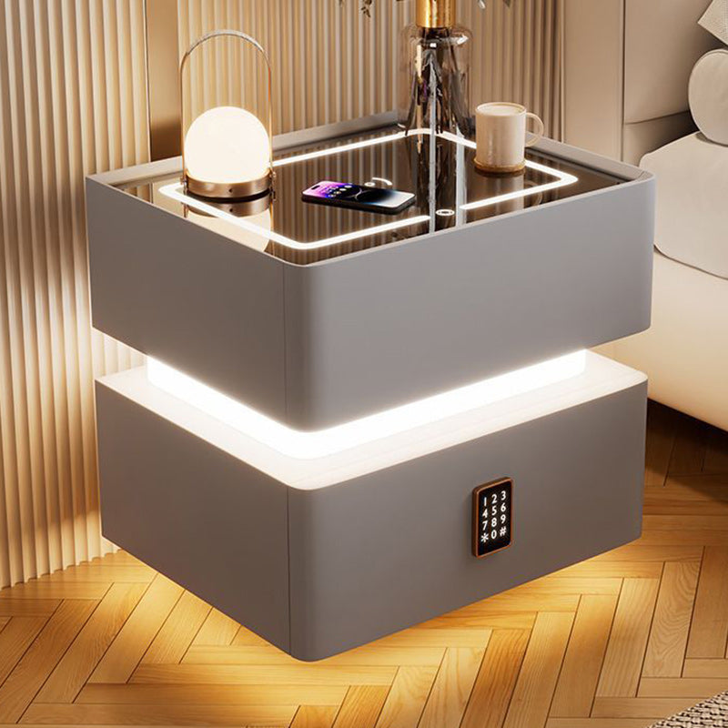 Modern Luxury Rock-Panel Nightstand with Tempered Glass, Microfiber Leather, Solid Wood, Rounded Edges, 2-Drawer for Bedroom