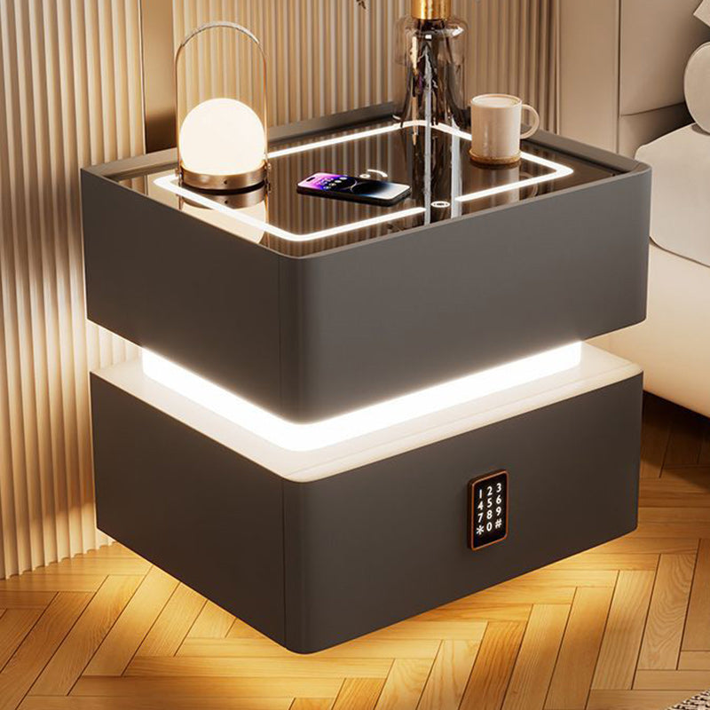 Modern Luxury Rock-Panel Nightstand with Tempered Glass, Microfiber Leather, Solid Wood, Rounded Edges, 2-Drawer for Bedroom