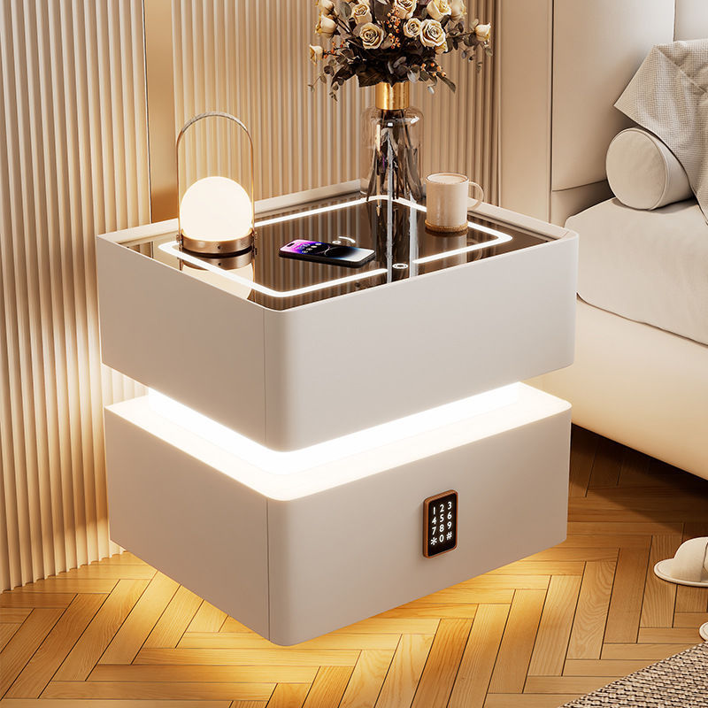 Modern Luxury Rock-Panel Nightstand with Tempered Glass, Microfiber Leather, Solid Wood, Rounded Edges, 2-Drawer for Bedroom