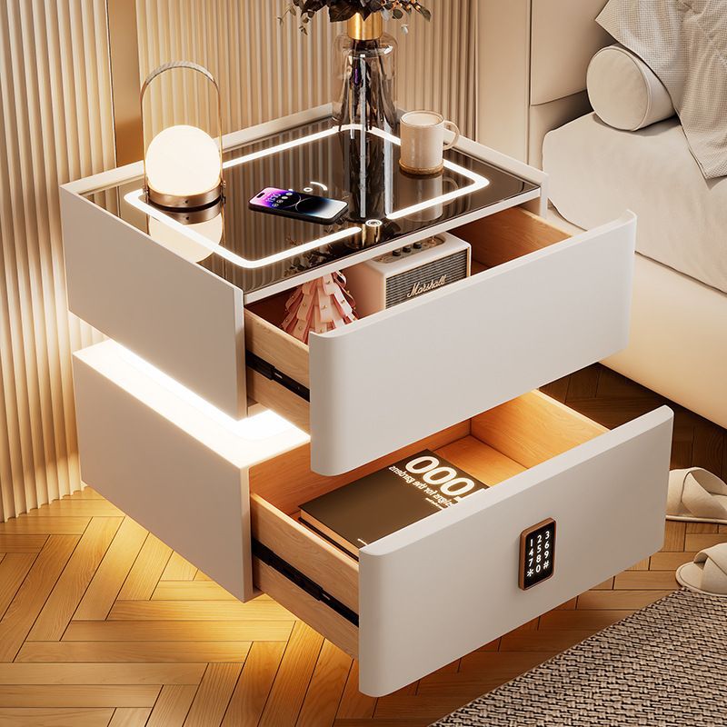 Modern Luxury Rock-Panel Nightstand with Tempered Glass, Microfiber Leather, Solid Wood, Rounded Edges, 2-Drawer for Bedroom