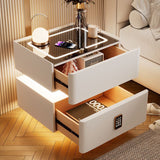 Modern Luxury Rock-Panel Nightstand with Tempered Glass, Microfiber Leather, Solid Wood, Rounded Edges, 2-Drawer for Bedroom