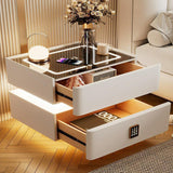 Modern Luxury Rock-Panel Nightstand with Tempered Glass, Microfiber Leather, Solid Wood, Rounded Edges, 2-Drawer for Bedroom