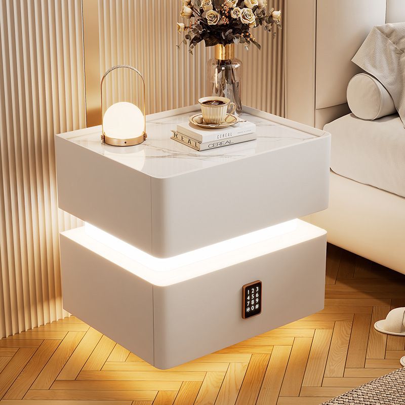 Modern Luxury Rock-Panel Nightstand with Tempered Glass, Microfiber Leather, Solid Wood, Rounded Edges, 2-Drawer for Bedroom